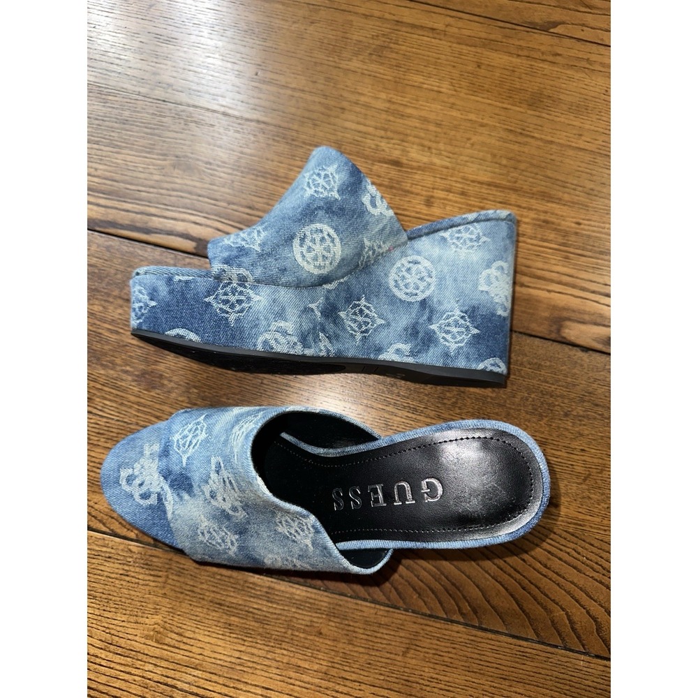 Guess Women's Platform Denim Heals Chic Open Toe Excellent Condition SZ 8.5